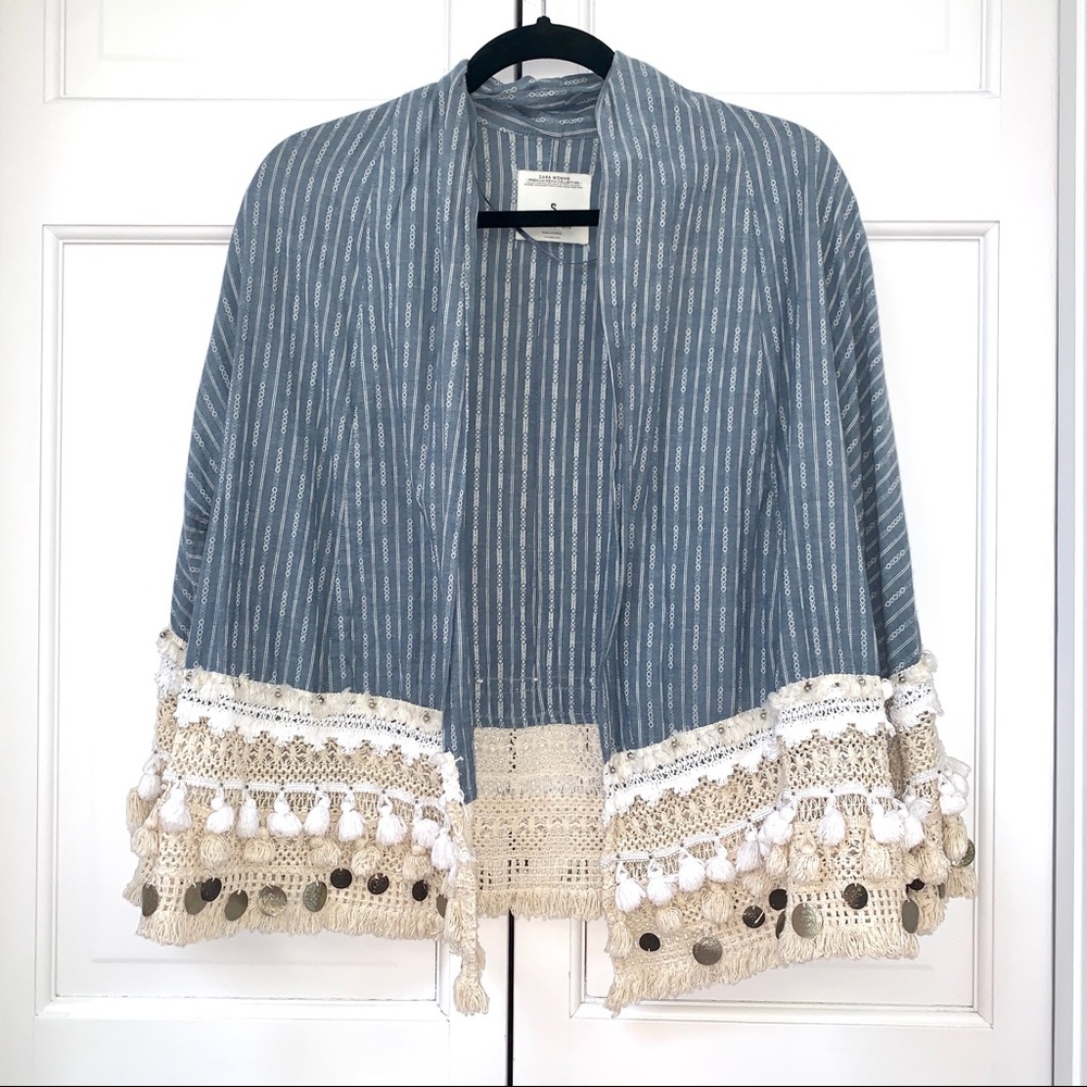 Zara Blue Pom Pom Kimono Style Jacket